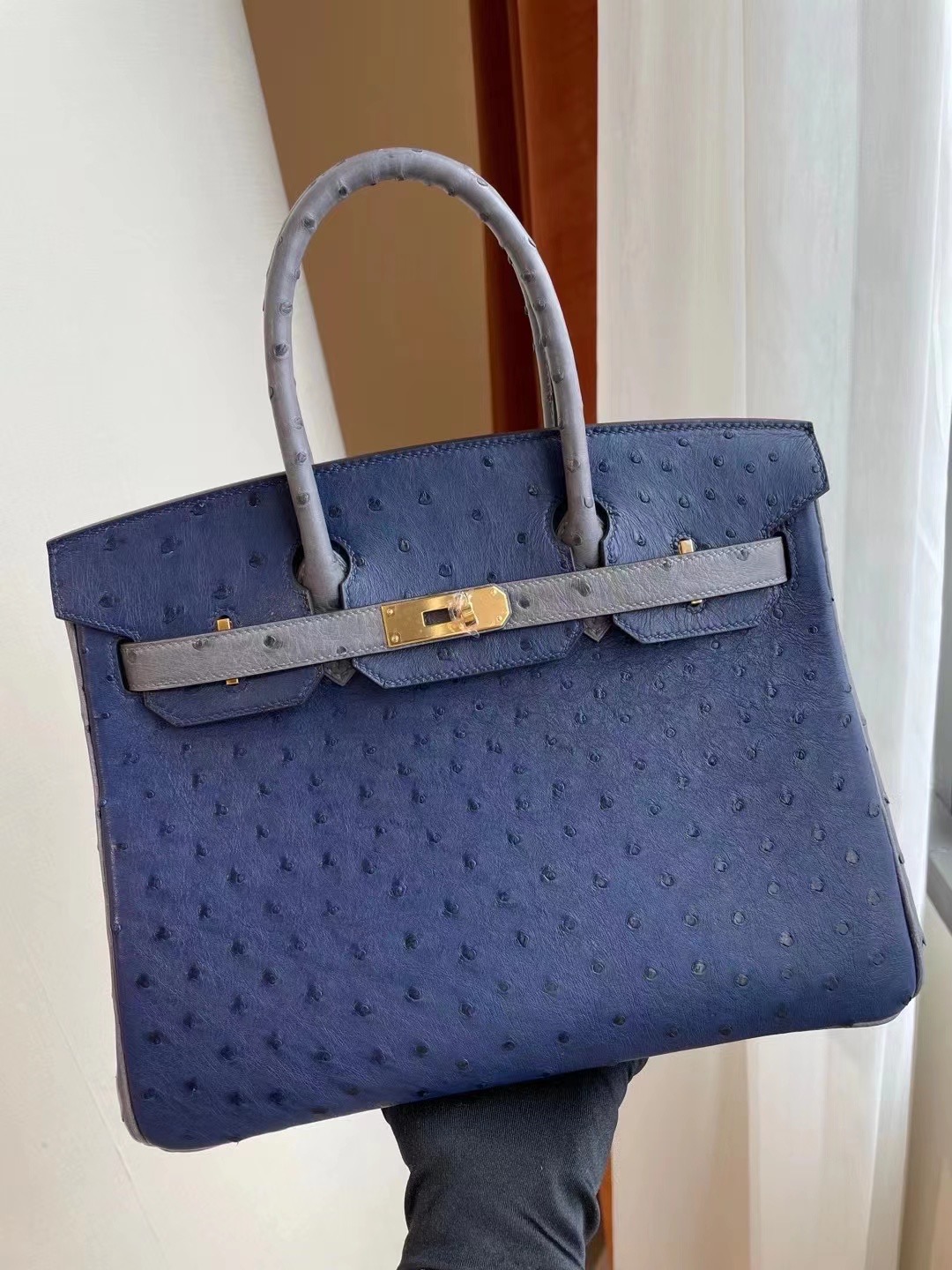 Hermes Birkin 30cm 7L Blue de 馬耳他藍拼82 gris agate 瑪瑙灰 鴕鳥皮 金扣