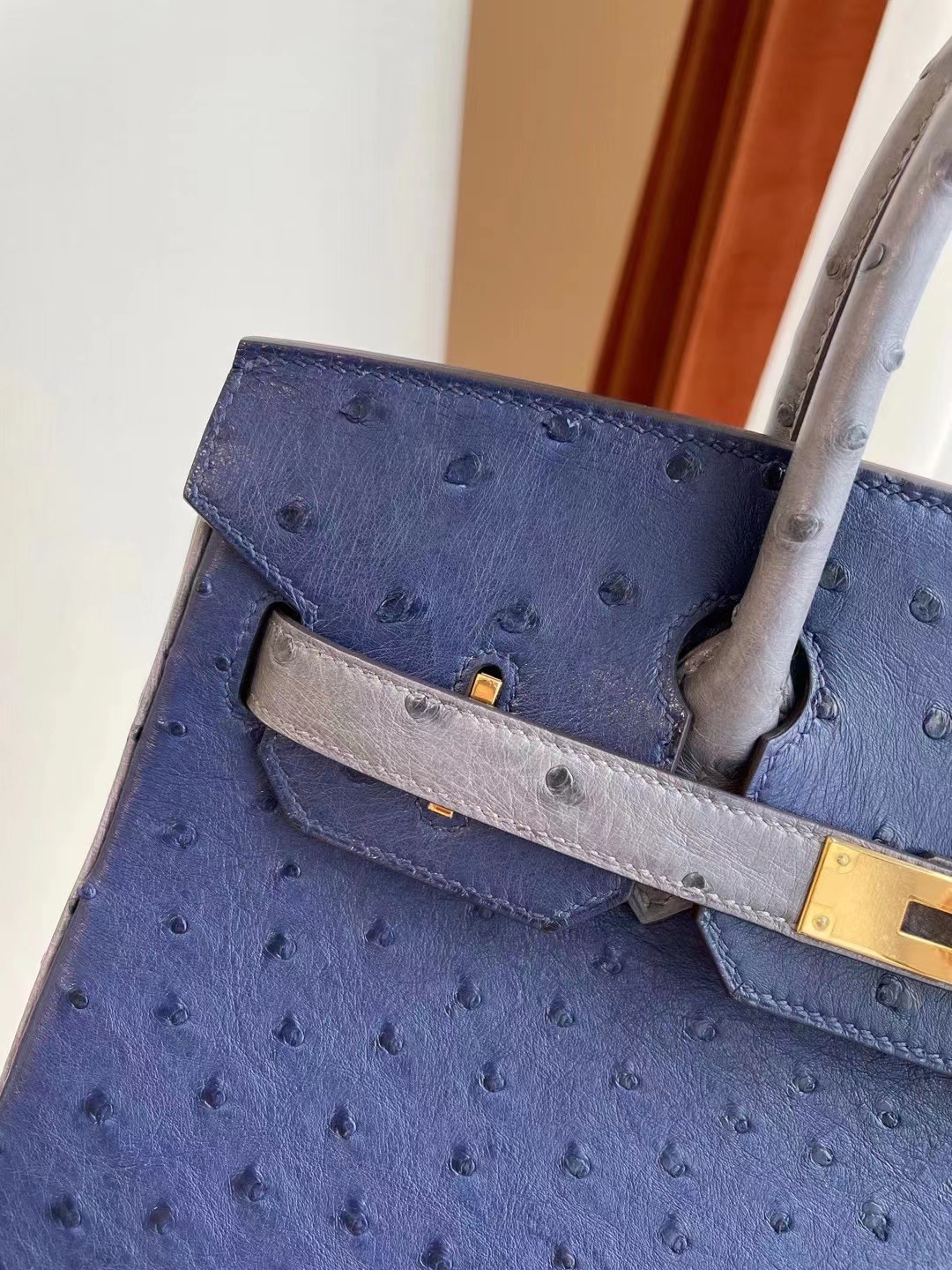 Hermes Birkin 30cm 7L Blue de 馬耳他藍拼82 gris agate 瑪瑙灰 鴕鳥皮 金扣