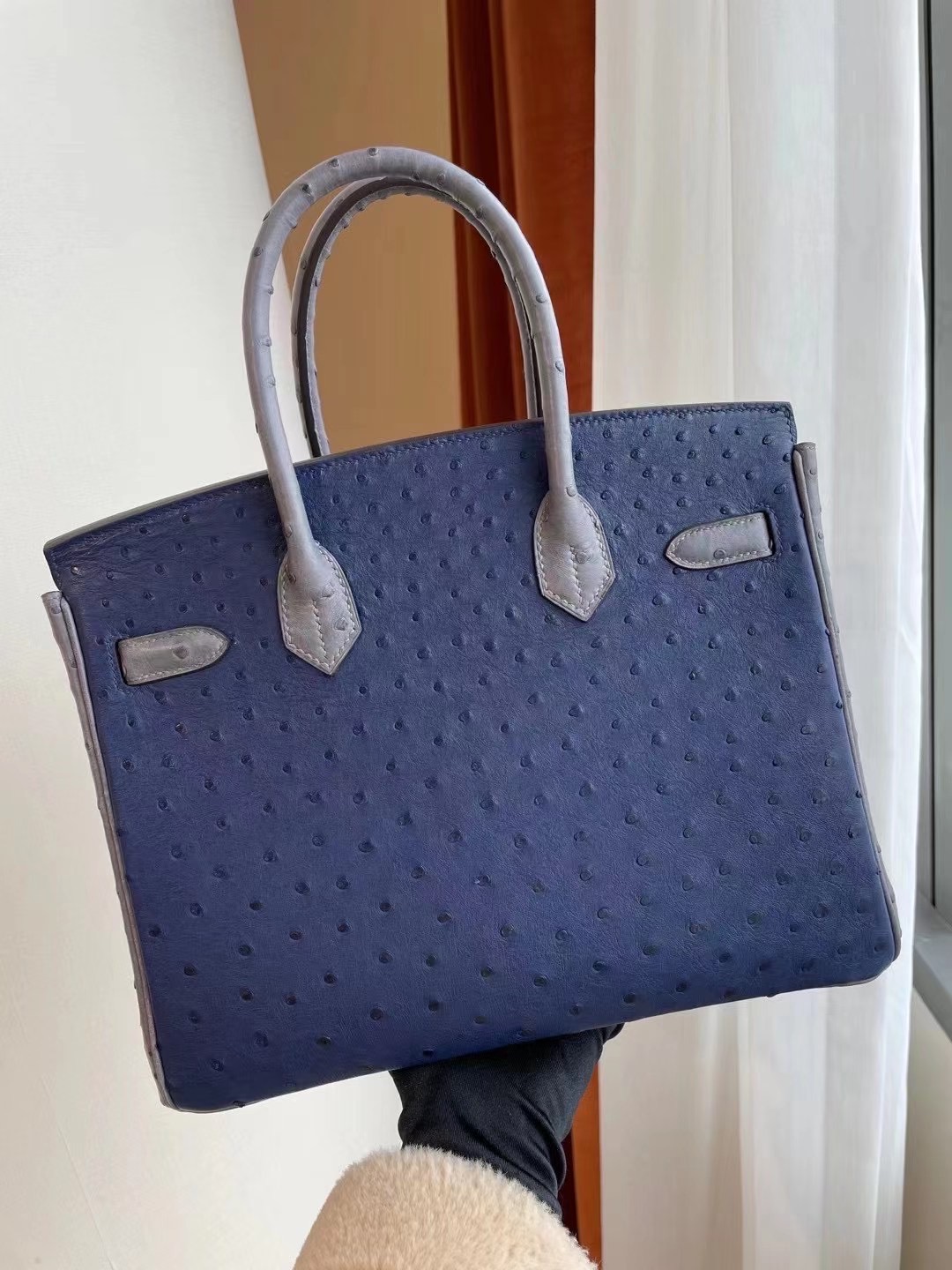 Hermes Birkin 30cm 7L Blue de 馬耳他藍拼82 gris agate 瑪瑙灰 鴕鳥皮 金扣