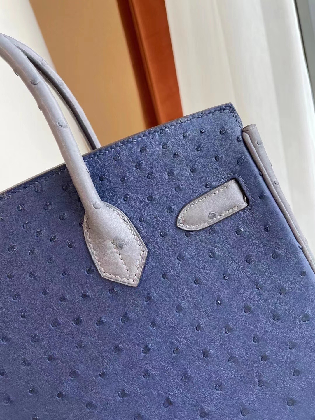 Hermes Birkin 30cm 7L Blue de 馬耳他藍拼82 gris agate 瑪瑙灰 鴕鳥皮 金扣