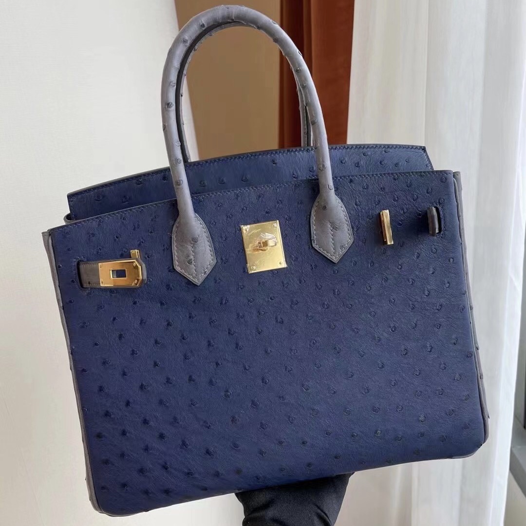 Hermes Birkin 30cm 7L Blue de 馬耳他藍拼82 gris agate 瑪瑙灰 鴕鳥皮 金扣