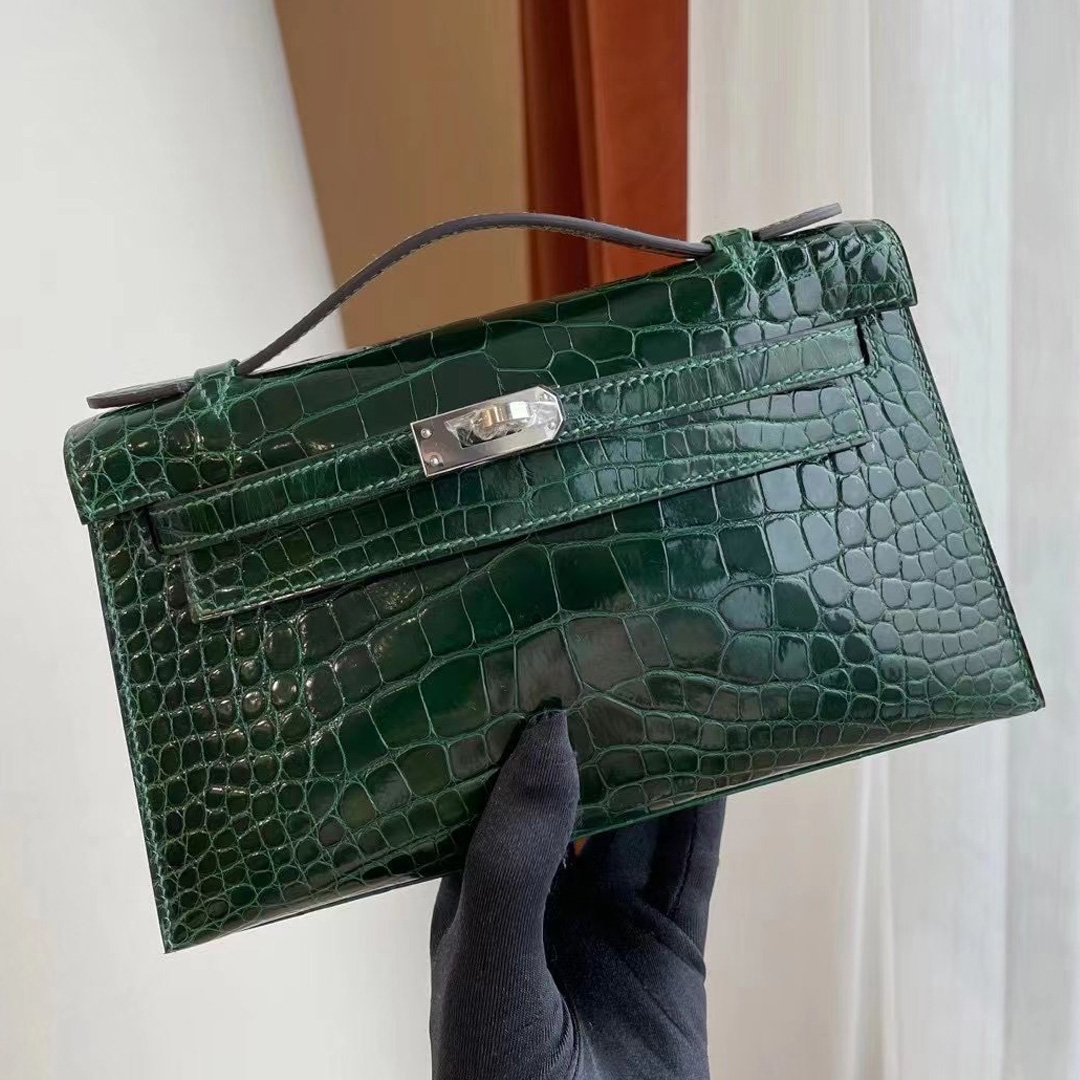 Hermes Mini Kelly Pochette 美洲鱷魚 CK67祖母綠 Vert Fonce 金扣