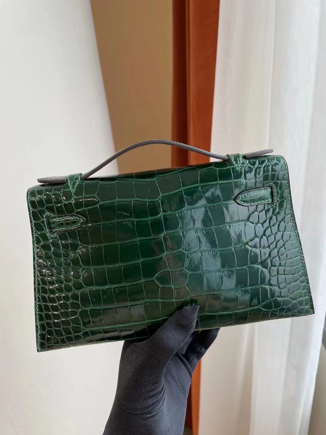 Hermes Mini Kelly Pochette 美洲鱷魚 CK67祖母綠 Vert Fonce 金扣