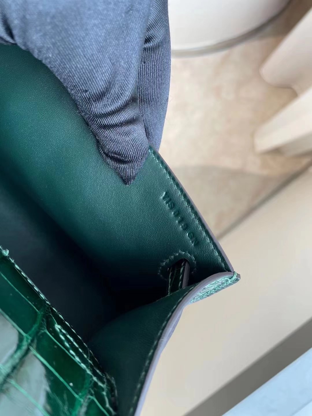 Hermes Mini Kelly Pochette 美洲鱷魚 CK67祖母綠 Vert Fonce 金扣