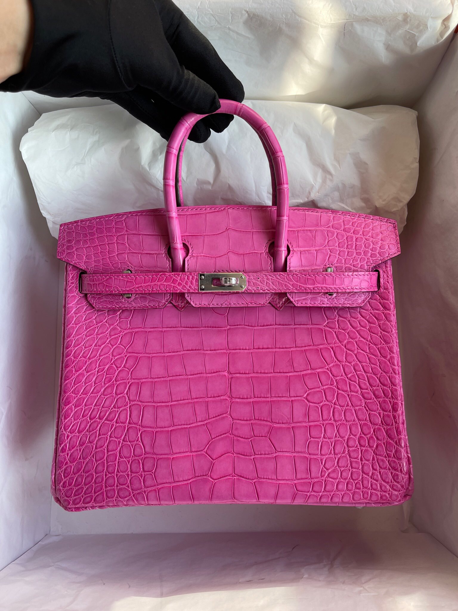 愛馬仕鉑金定製價格 Hermes Birkin 25cm 霧面美洲鱷魚 E5 Rose Tyrien 桃紅色 銀扣