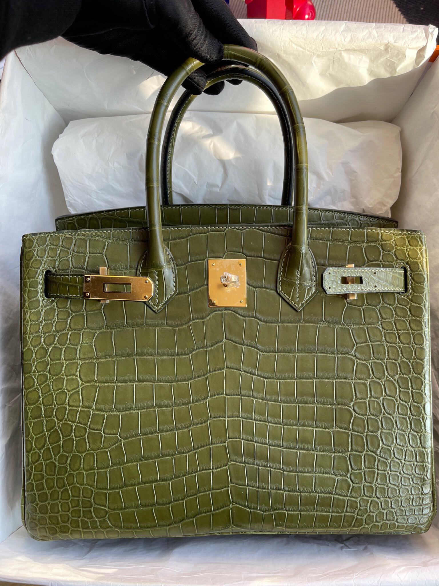 Hermes Birkin 30cm 霧面倒V澳洲灣鱷 原裝進口HCP鱷魚皮 6H橄欖綠