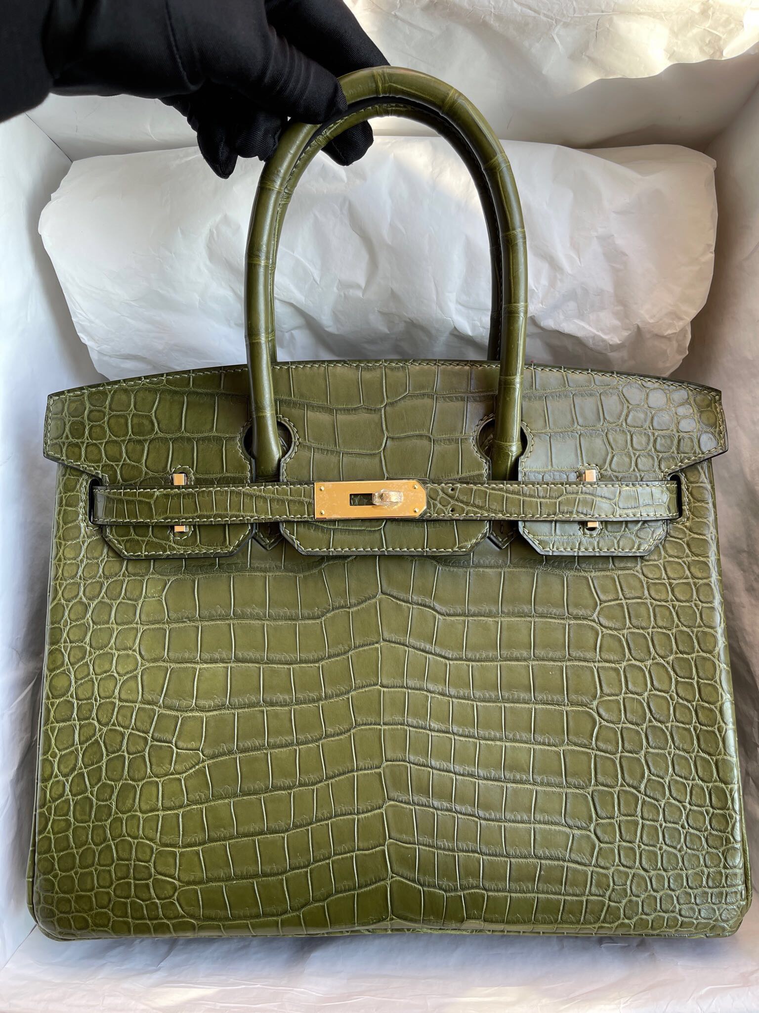 Hermes Birkin 30cm 霧面倒V澳洲灣鱷 原裝進口HCP鱷魚皮 6H橄欖綠