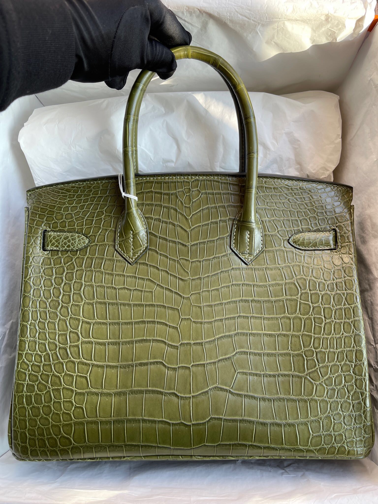 Hermes Birkin 30cm 霧面倒V澳洲灣鱷 原裝進口HCP鱷魚皮 6H橄欖綠