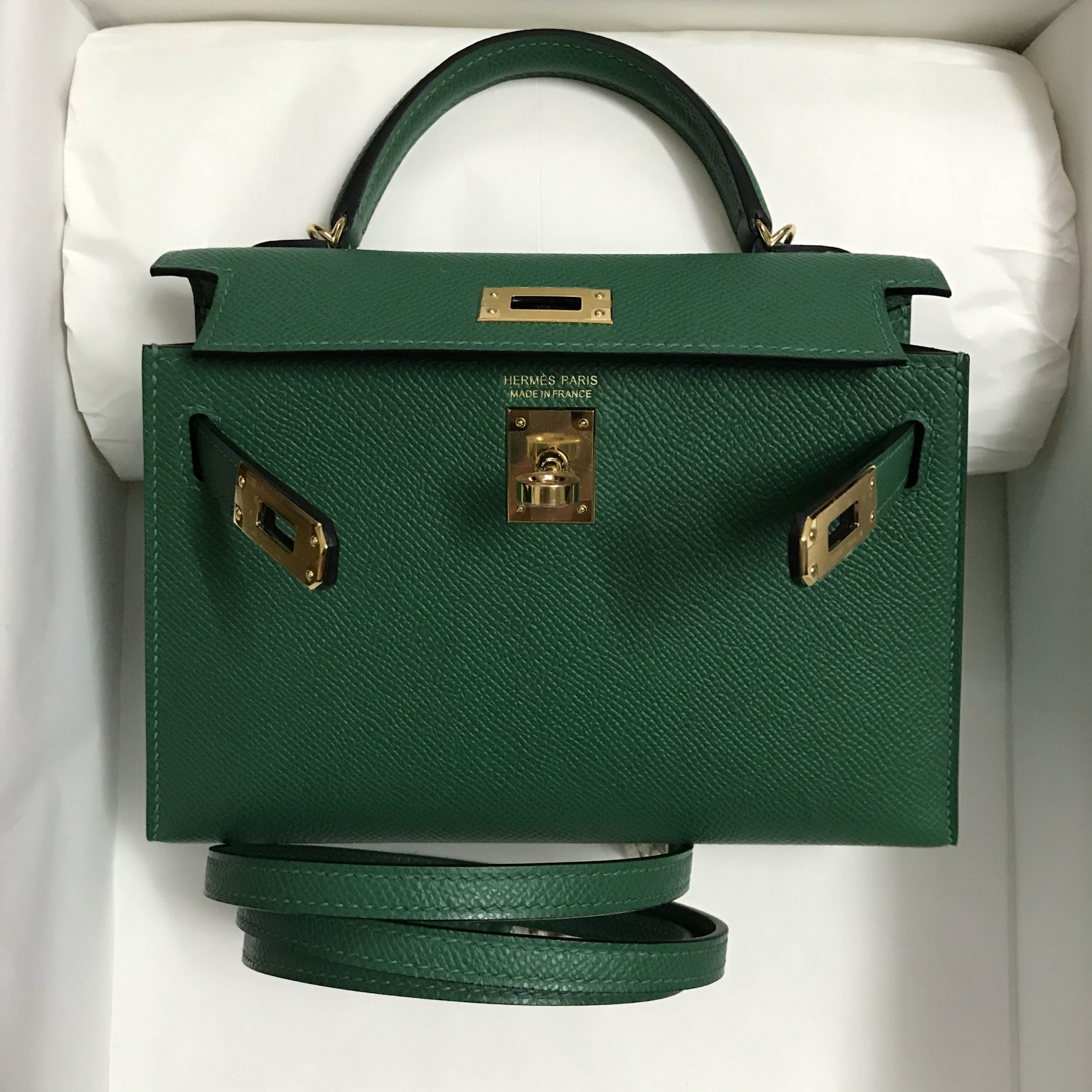 愛馬仕迷你凱莉包尺寸 Hermes Mini Kelly II Epsom 2代 U4 Vert Verigo 絲絨綠 金扣