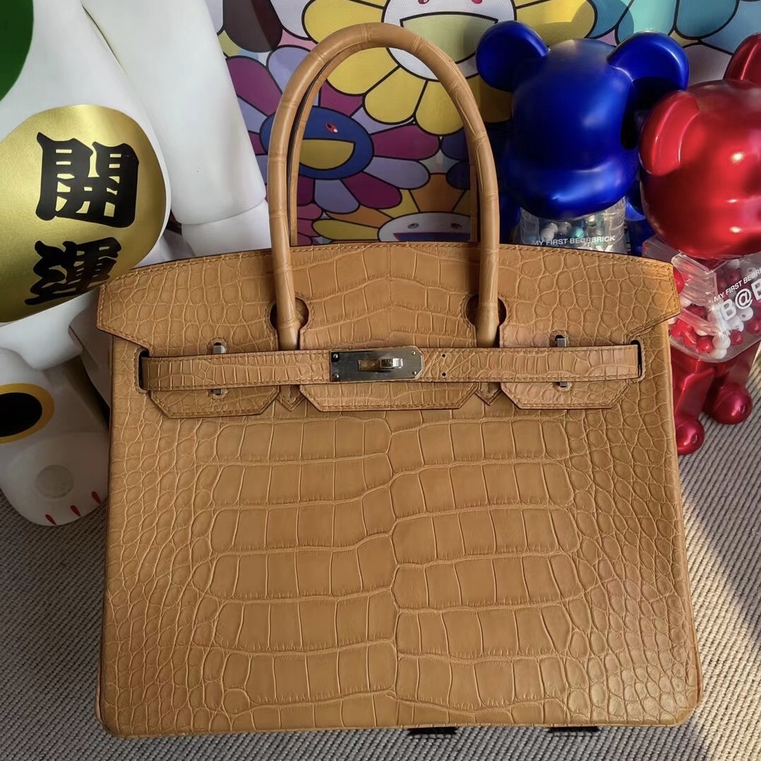 愛馬仕鉑金包價格官網 Hermes Birkin 30 霧面美洲鱷魚 麥穗色 銀扣 接受訂製