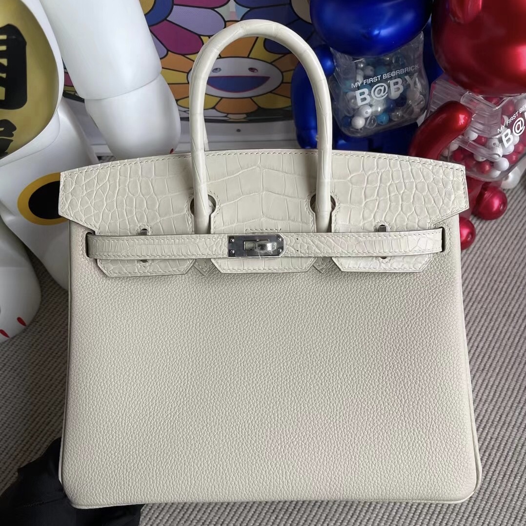 愛馬仕鉑金包專櫃價格 Hermes Birkin 25 Touch 10 Craie拼8L Beton奶油白霧面美洲鱷魚