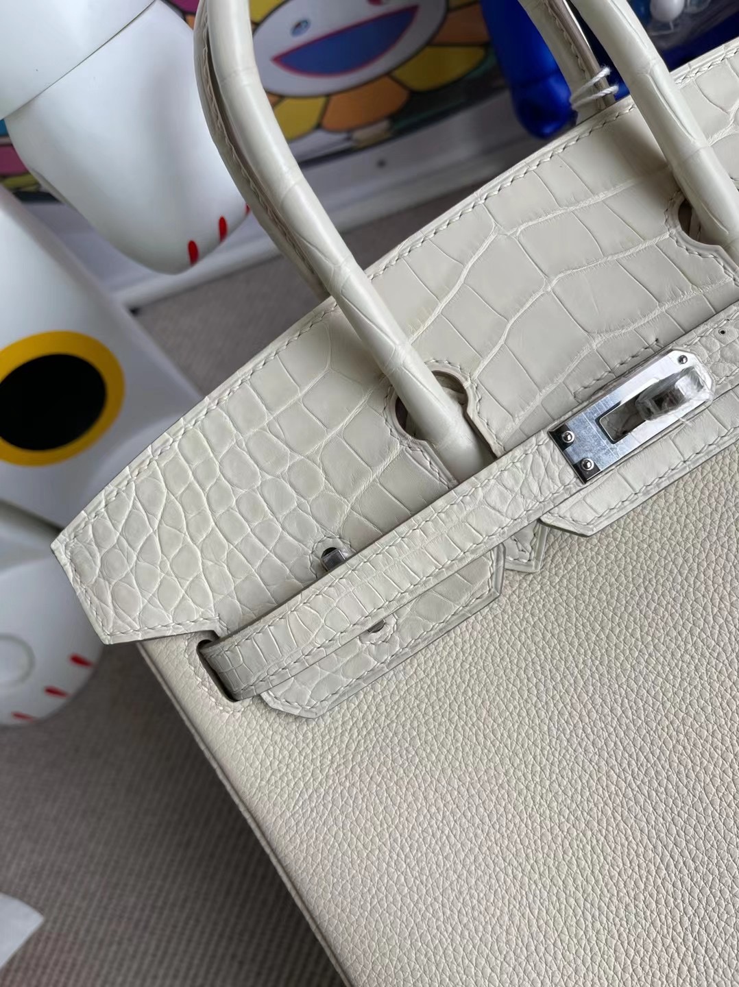 愛馬仕鉑金包專櫃價格 Hermes Birkin 25 Touch 10 Craie拼8L Beton奶油白霧面美洲鱷魚