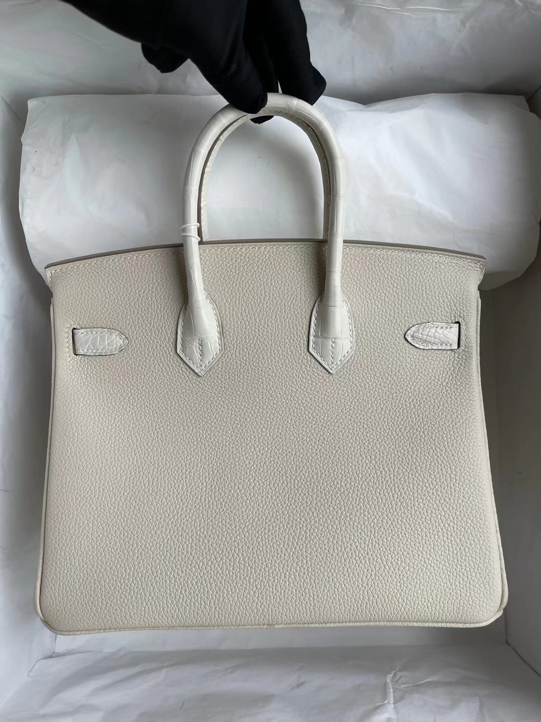 愛馬仕鉑金包專櫃價格 Hermes Birkin 25 Touch 10 Craie拼8L Beton奶油白霧面美洲鱷魚