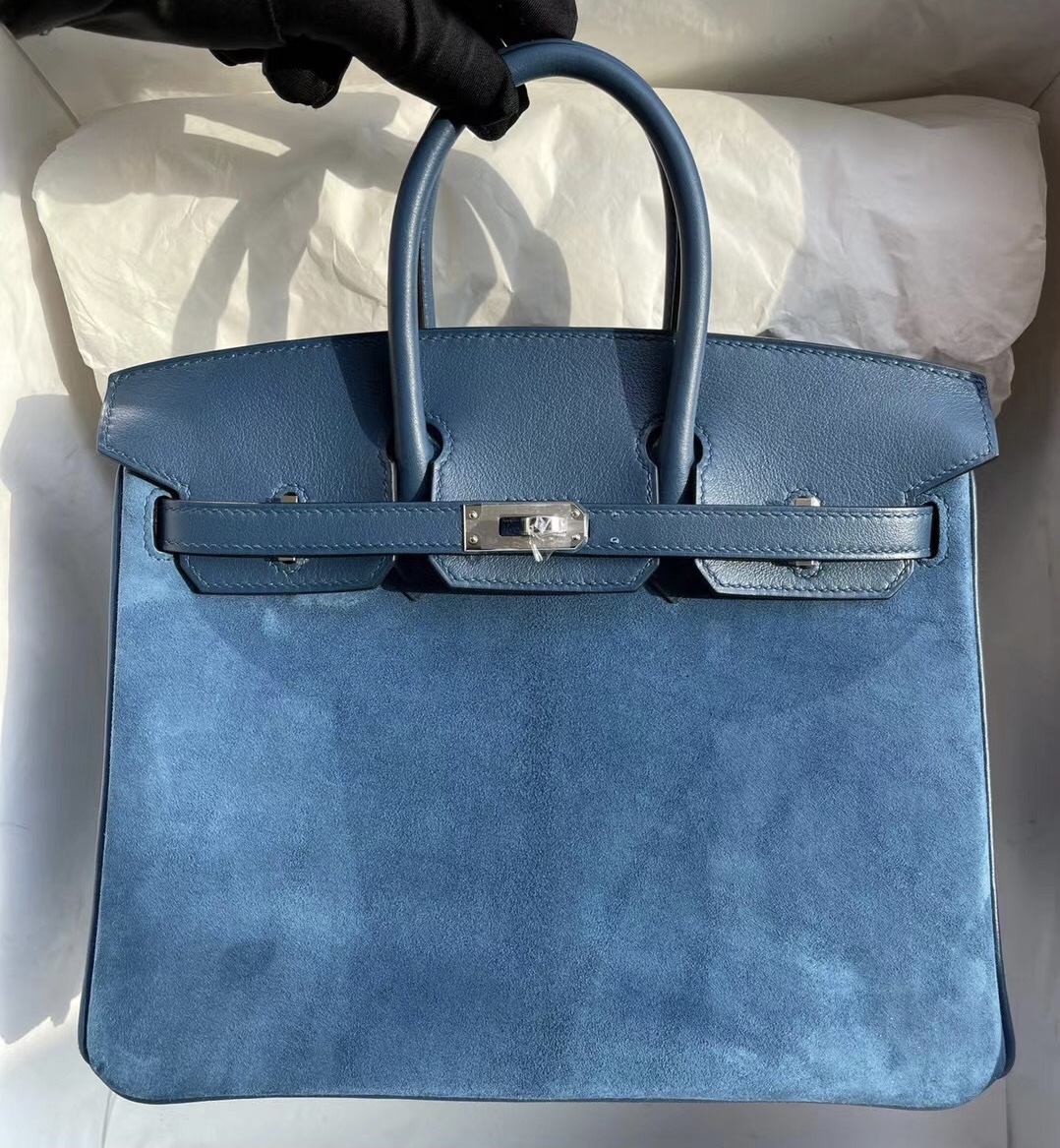 Hermes Birkin 25cm Doblis Suede 麂皮/Swift 皇家藍 拼 S4 Deep Blue 銀扣