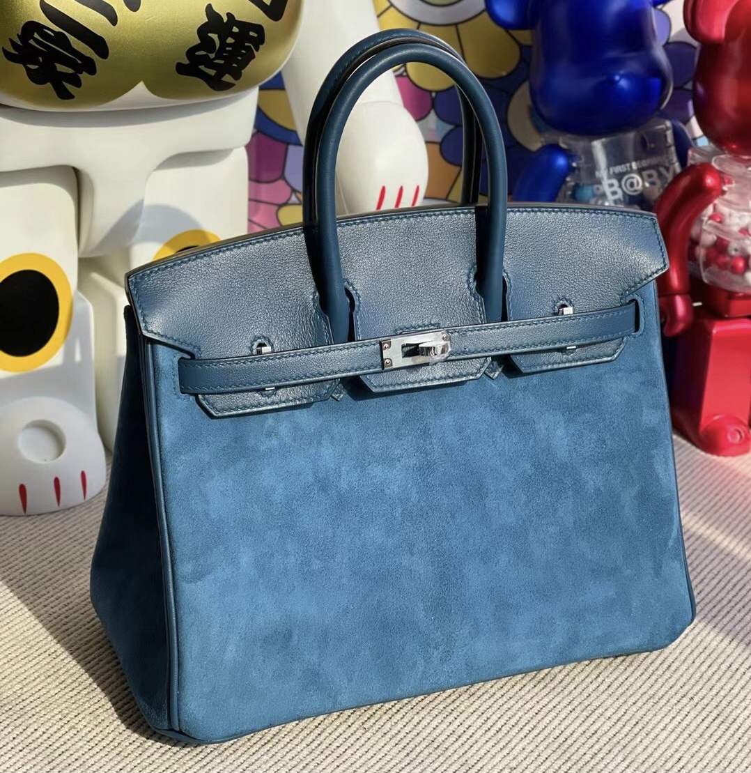 Hermes Birkin 25cm Doblis Suede 麂皮/Swift 皇家藍 拼 S4 Deep Blue 銀扣