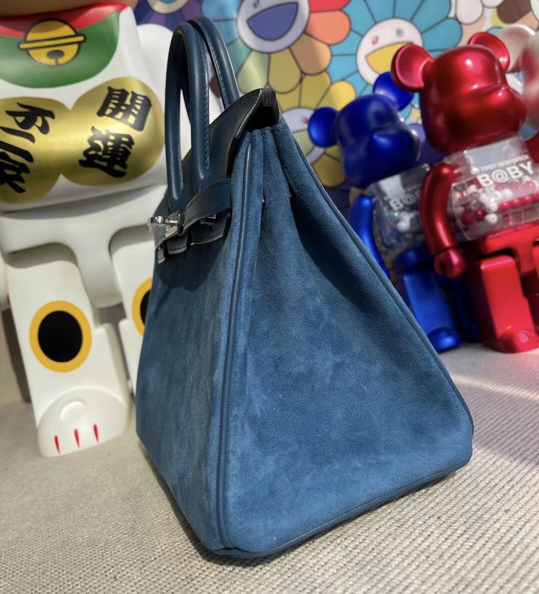 Hermes Birkin 25cm Doblis Suede 麂皮/Swift 皇家藍 拼 S4 Deep Blue 銀扣