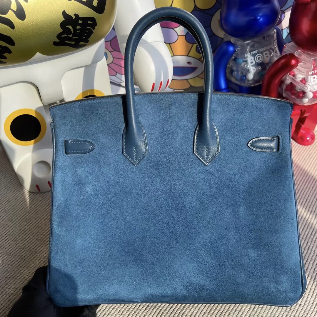 Hermes Birkin 25cm Doblis Suede 麂皮/Swift 皇家藍 拼 S4 Deep Blue 銀扣