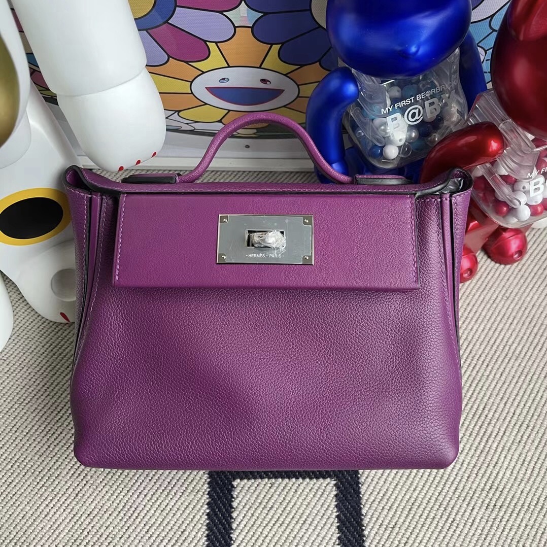 愛馬仕凱莉包包價格 Hermes Kelly 24/24 Mini 21cm Evercolor 拼 Swift P9 Anemone 銀扣