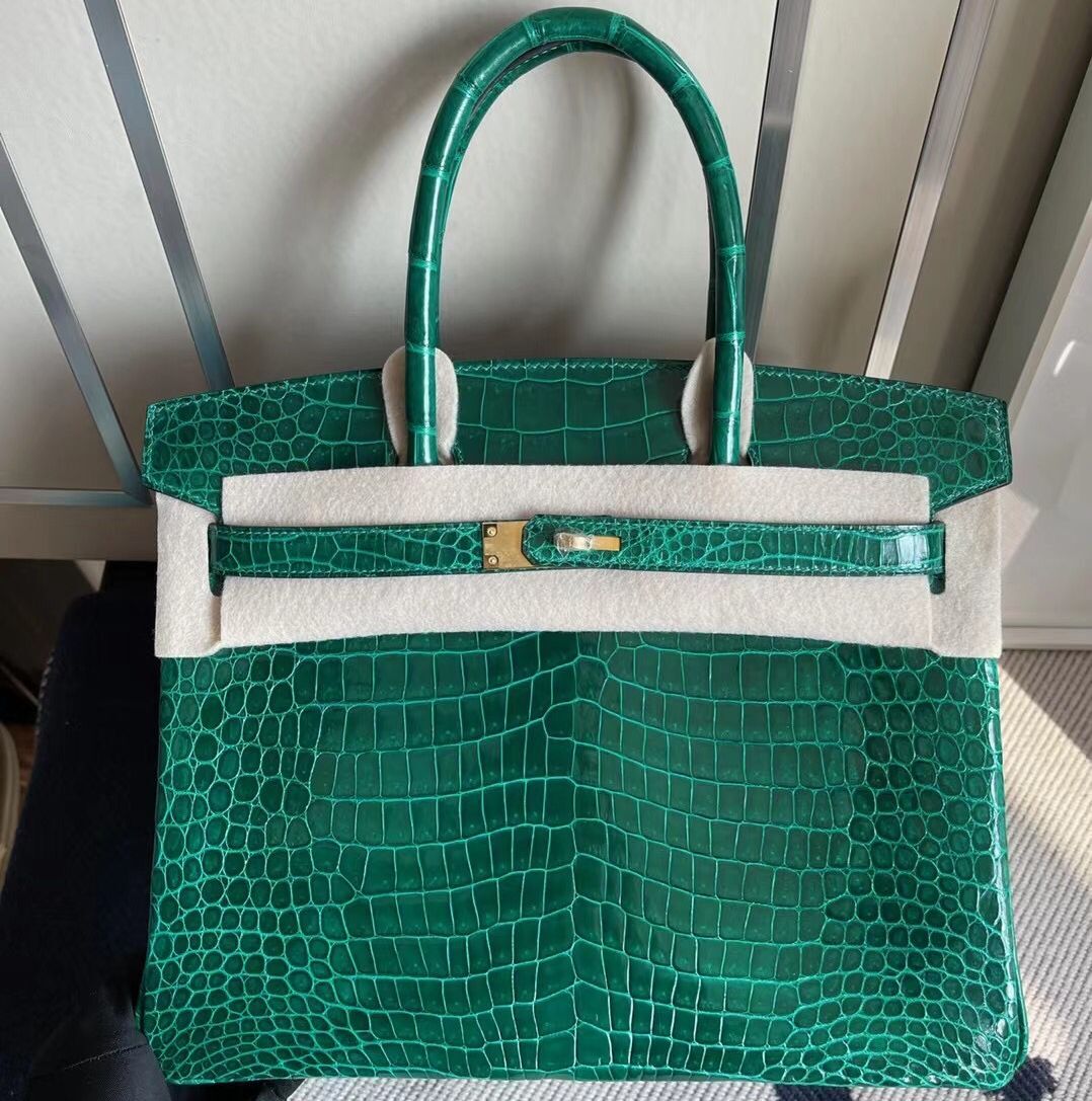 愛馬仕鉑金包包 Hermes Birkin 30cm 6Q 翡翠綠 Very Emerald 亮面倒v澳洲灣鱷 金扣