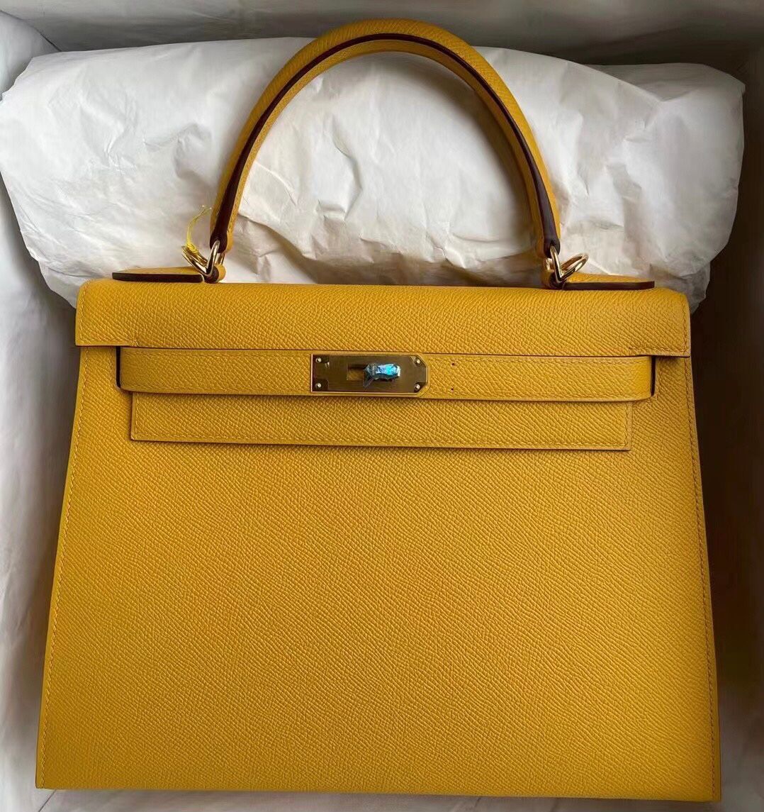 香港南區深水灣 愛馬仕 Hermes Kelly 28cm Epsom 9D Amber 琥珀黃 金扣