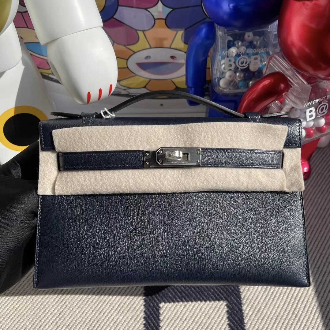 Hermes MiniKelly Pochette Chevre Mysore 山羊皮 2Z Blue nuit 午夜藍 銀扣