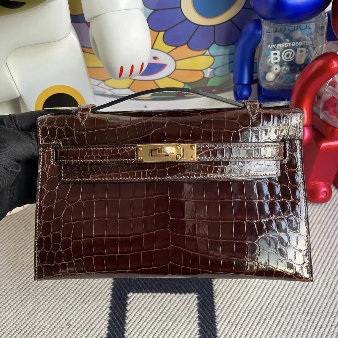 Hermes Mini Kelly Pochette 亮面尼羅鱷魚 CC31 蜜糖棕 Miel 金扣