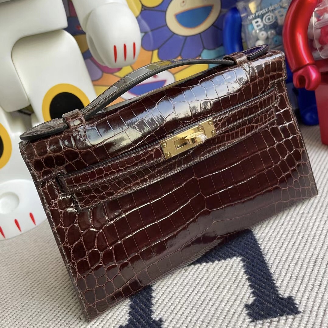 Hermes Mini Kelly Pochette 亮面尼羅鱷魚 CC31 蜜糖棕 Miel 金扣