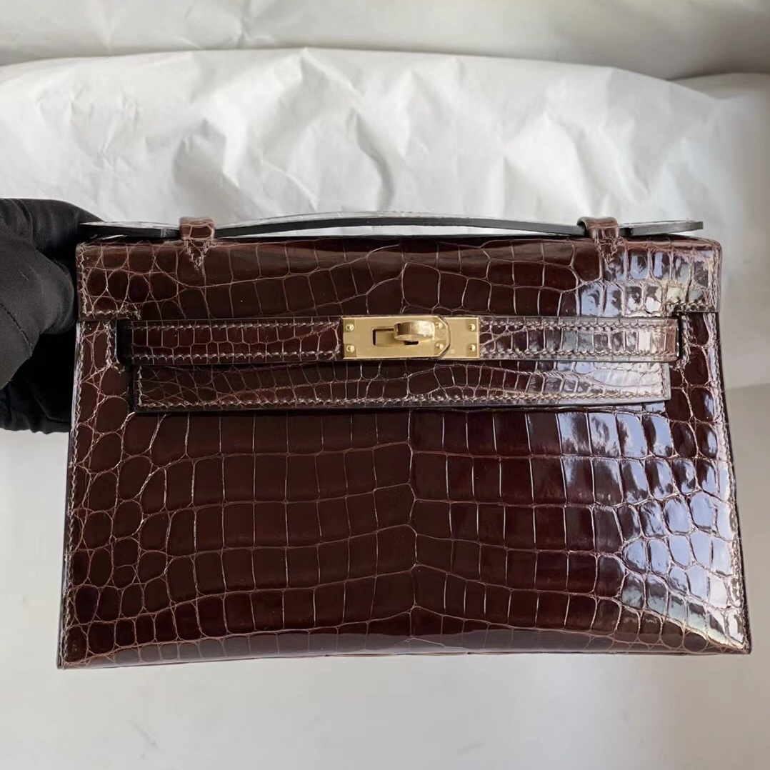 Hermes Mini Kelly Pochette 亮面尼羅鱷魚 CC31 蜜糖棕 Miel 金扣