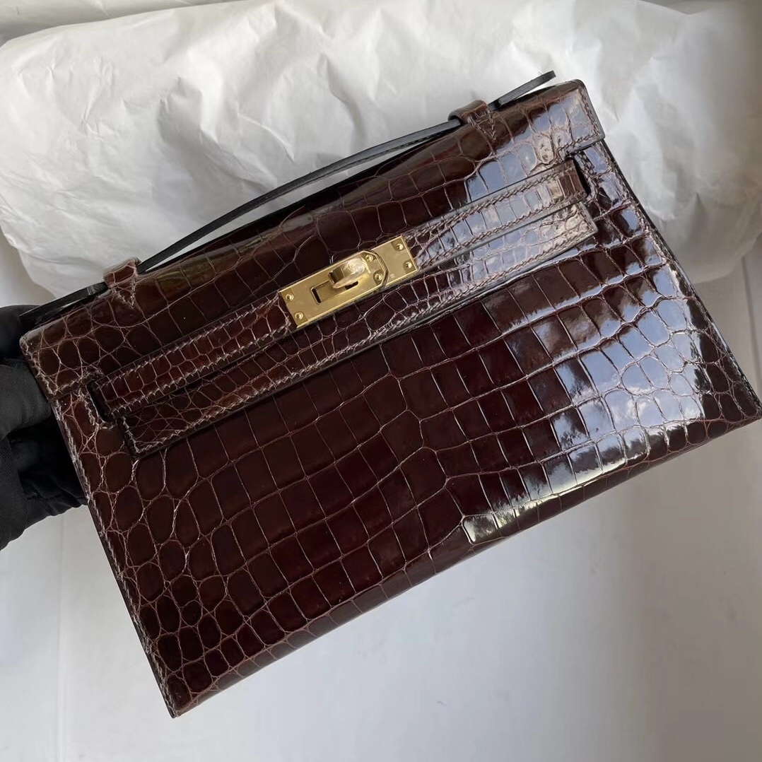 Hermes Mini Kelly Pochette 亮面尼羅鱷魚 CC31 蜜糖棕 Miel 金扣