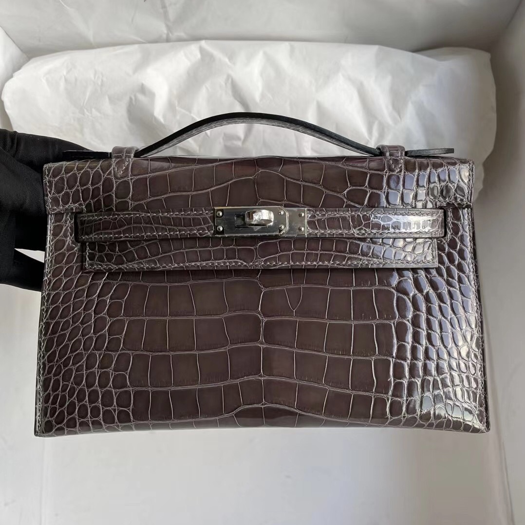 Hermes Mini Kelly Pochette 亮面尼羅鱷魚 CK88 Graphite 石墨灰 銀扣