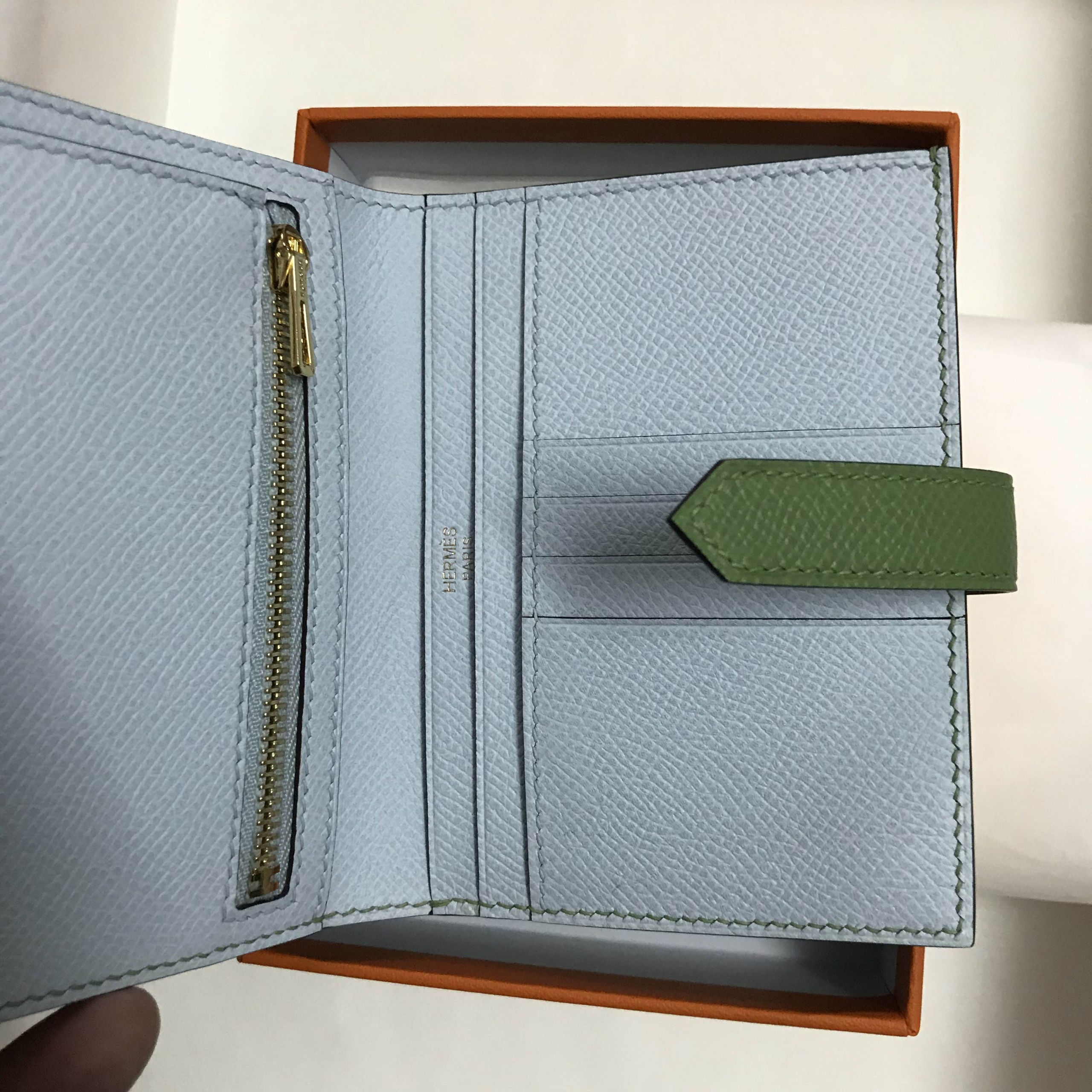 Hermes Bearn compact wallet Epsom 短錢包 3i Vert Criquet拼T0 blue brume