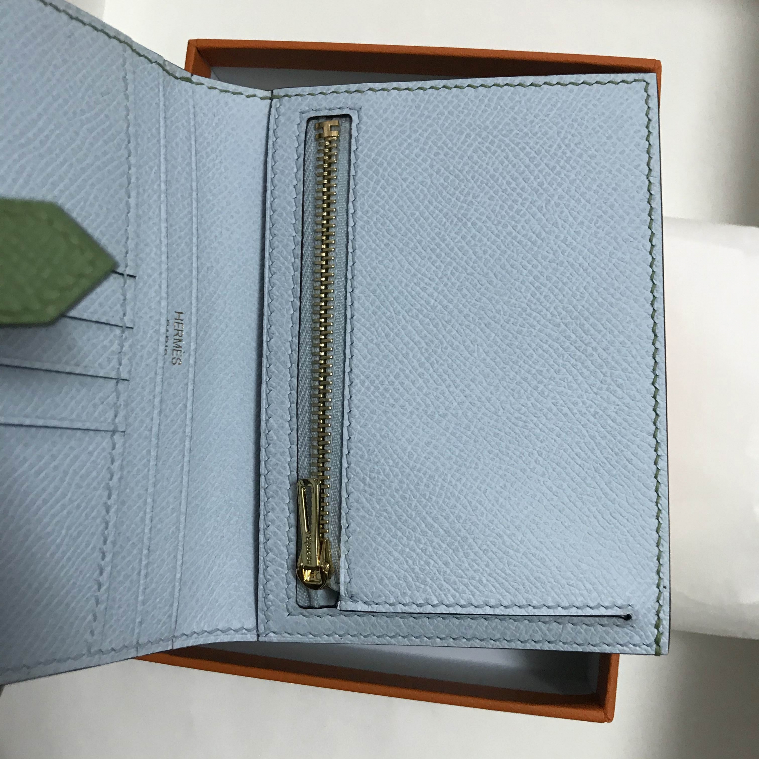 Hermes Bearn compact wallet Epsom 短錢包 3i Vert Criquet拼T0 blue brume
