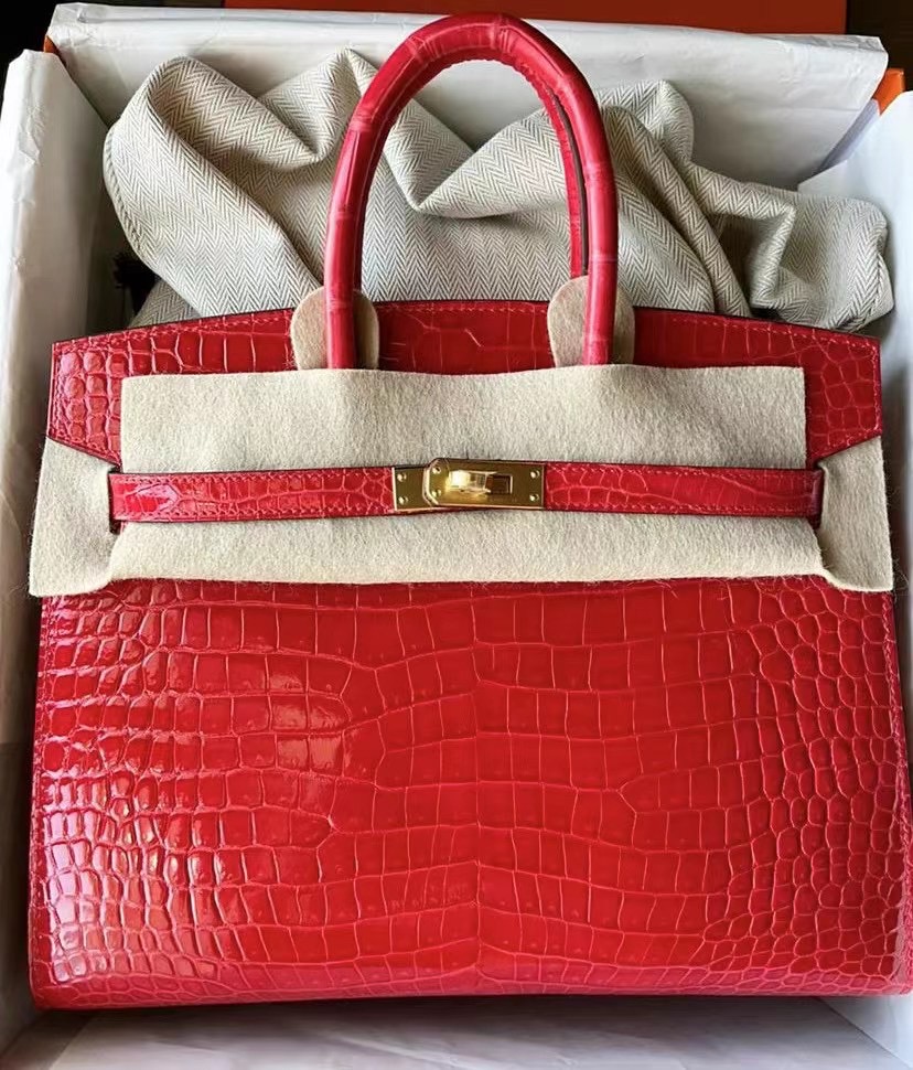 Hermes Birkin 25cm Sellier 外縫 亮面倒V 澳洲灣鱷 S3 Rouge de coeur 心紅色