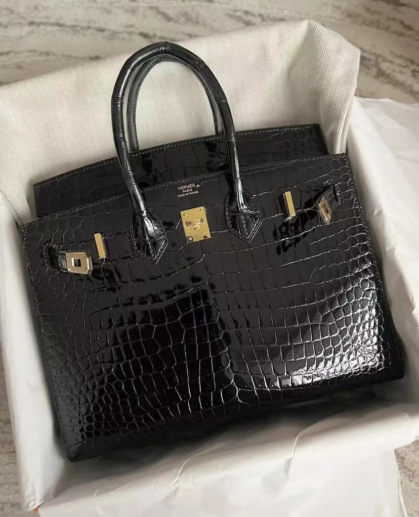 Hermes Birkin 25cm Sellier 外縫 亮面倒V 澳洲灣鱷 89 黑色 Noir 金扣