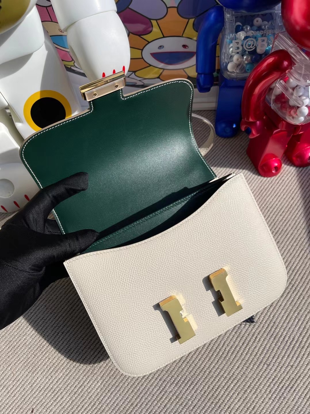 Hermes Constance 18cm 原廠皮Epsom 10 Craie 奶昔白拼 W0 Vert Bosphore