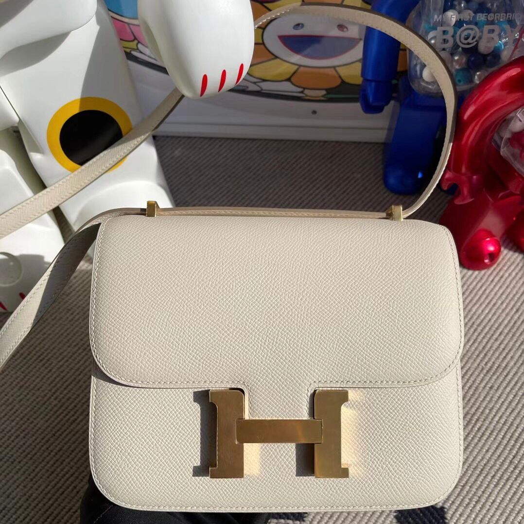 Hermes Constance 18cm 原廠皮Epsom 10 Craie 奶昔白拼 W0 Vert Bosphore