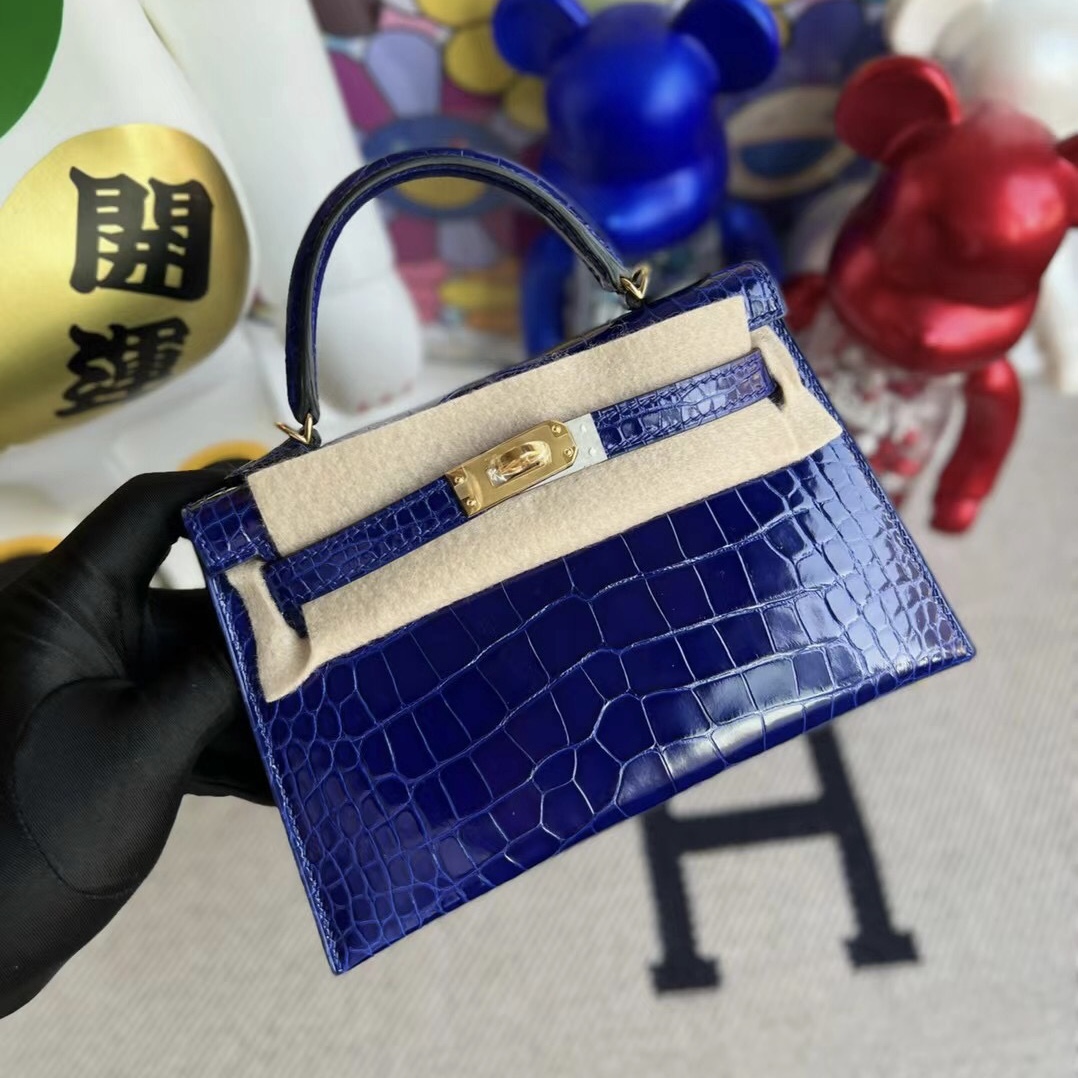 Hermes Kelly Mini II 2代 亮面方塊美洲鱷魚 7T blue electric 電光藍 金扣