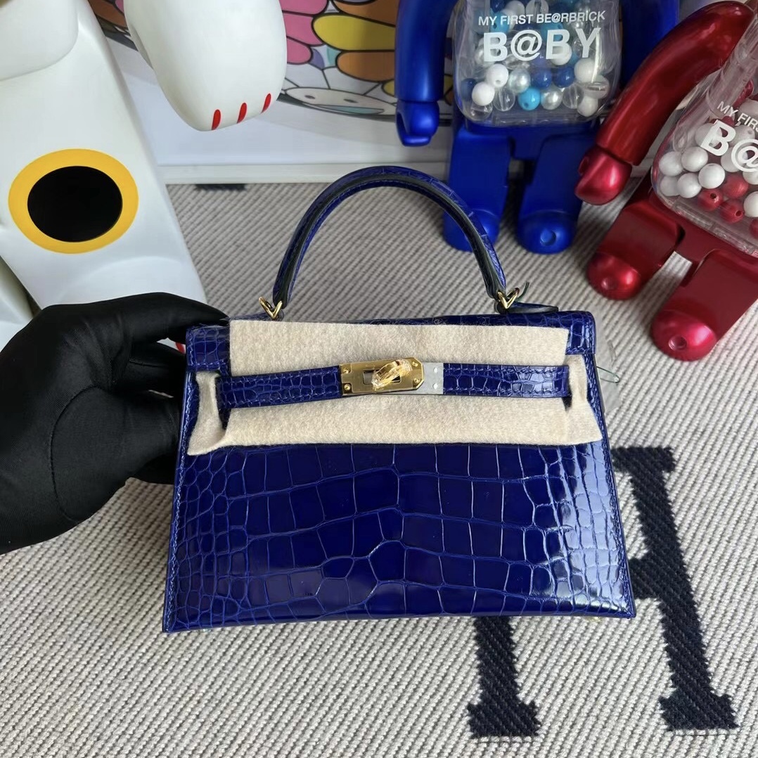 Hermes Kelly Mini II 2代 亮面方塊美洲鱷魚 7T blue electric 電光藍 金扣