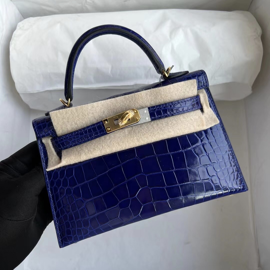 Hermes Kelly Mini II 2代 亮面方塊美洲鱷魚 7T blue electric 電光藍 金扣