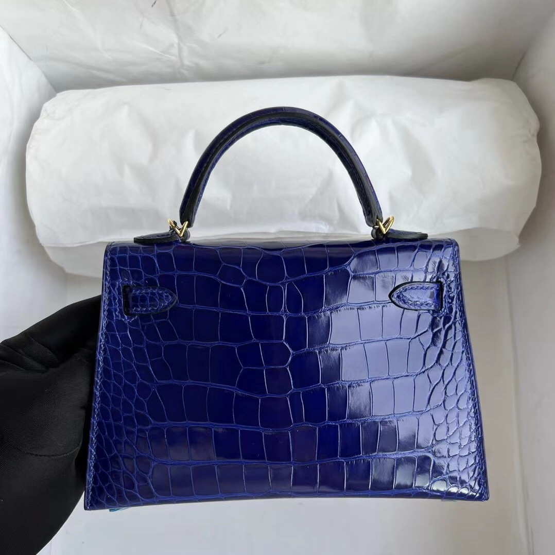 Hermes Kelly Mini II 2代 亮面方塊美洲鱷魚 7T blue electric 電光藍 金扣