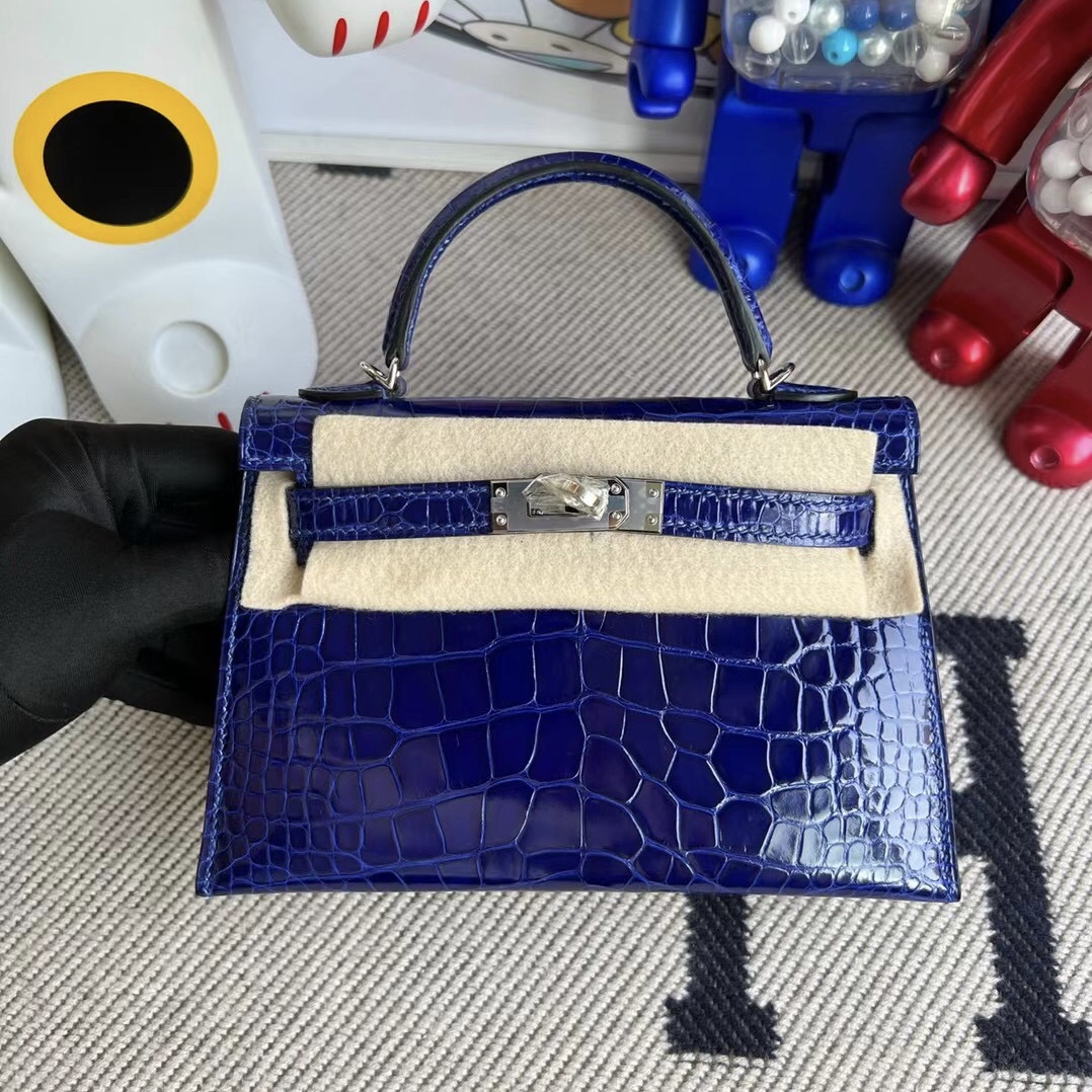 Hermes Kelly Mini II 2代 亮面方塊美洲鱷魚 7T blue electric 電光藍 銀扣