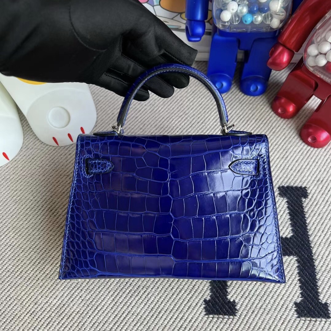 Hermes Kelly Mini II 2代 亮面方塊美洲鱷魚 7T blue electric 電光藍 銀扣