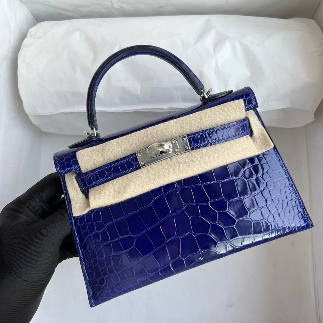 Hermes Kelly Mini II 2代 亮面方塊美洲鱷魚 7T blue electric 電光藍 銀扣