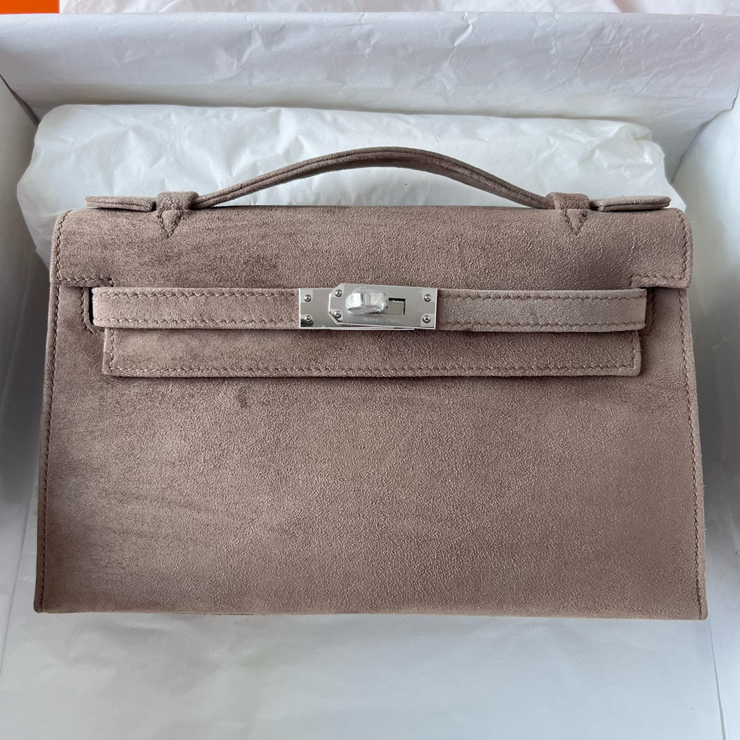 Hermes Mini Kelly Pochette Doblis Suede 麂皮 CC18 Etoupe 大象灰