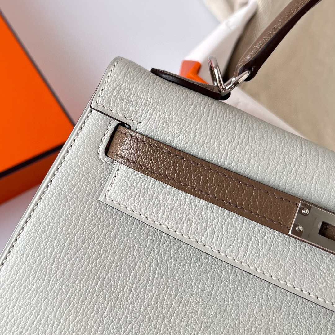 愛馬仕凱莉包25可以斜挎背嗎 Hermes Kelly 25cm Chevre Gris Perle/Etoupe