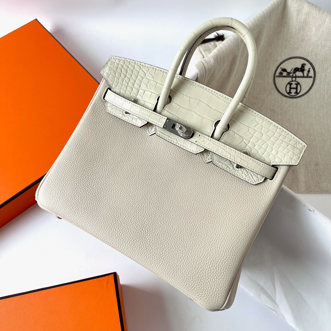 Hermes Birkin 25 Touch Togo Craie 奶昔白 拼 8L Beton 冰川白 霧面美洲鱷魚