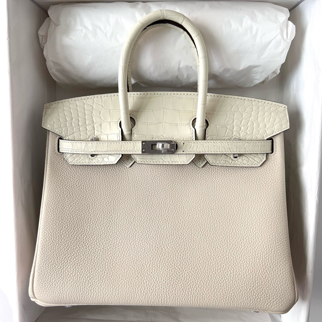 Hermes Birkin 25 Touch Togo Craie 奶昔白 拼 8L Beton 冰川白 霧面美洲鱷魚