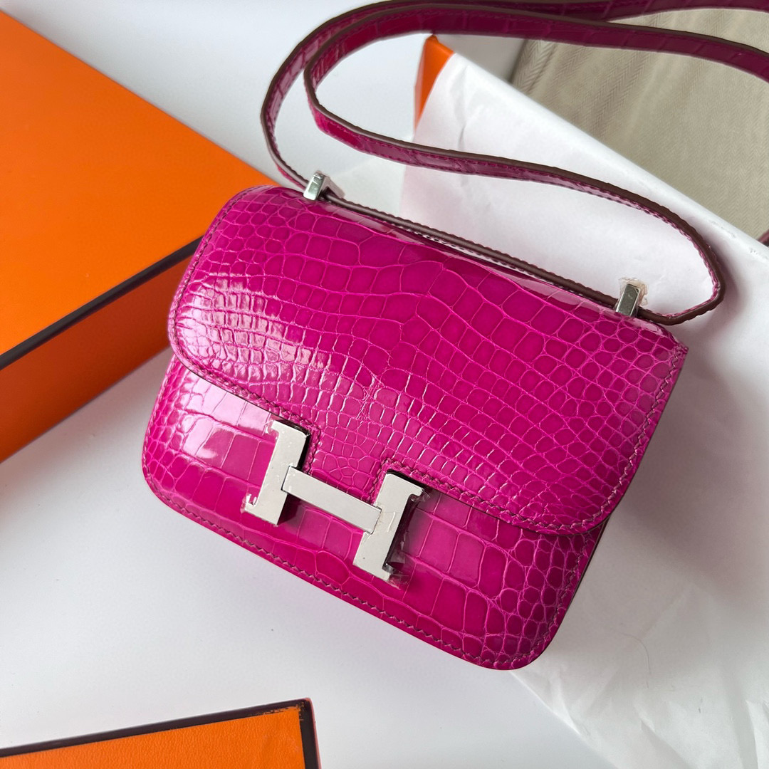 Hermès Constance Mini 14cm Shiny Alligator Crocodile J5 Rose Sheheraradez