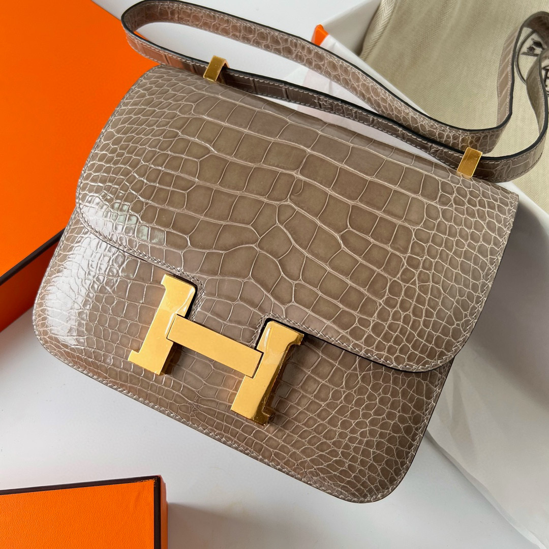 Hermes Constance 24cm Shiny Alligator Crocodile CC81 Gris Tourterelle