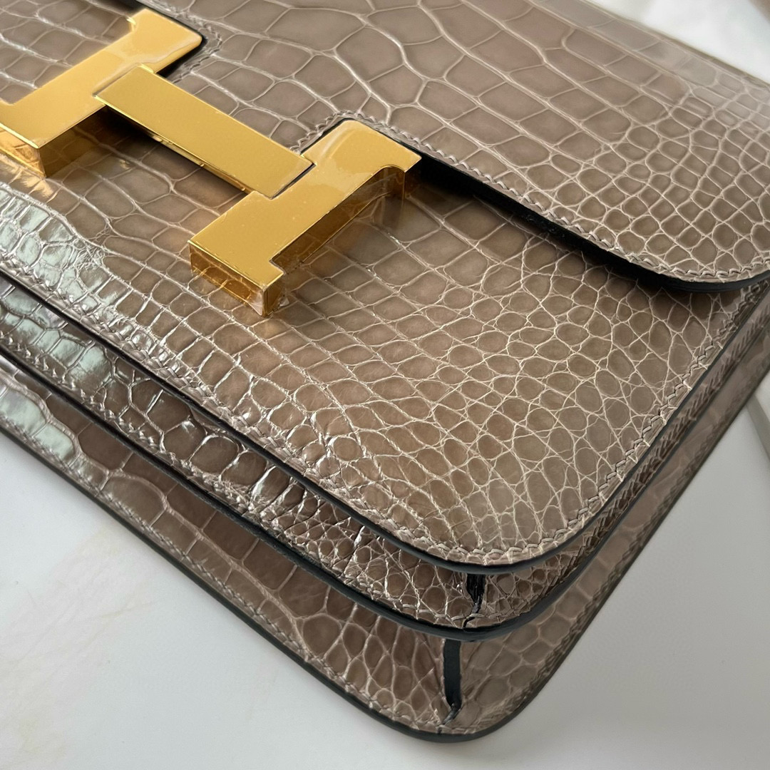 Hermes Constance 24cm Shiny Alligator Crocodile CC81 Gris Tourterelle